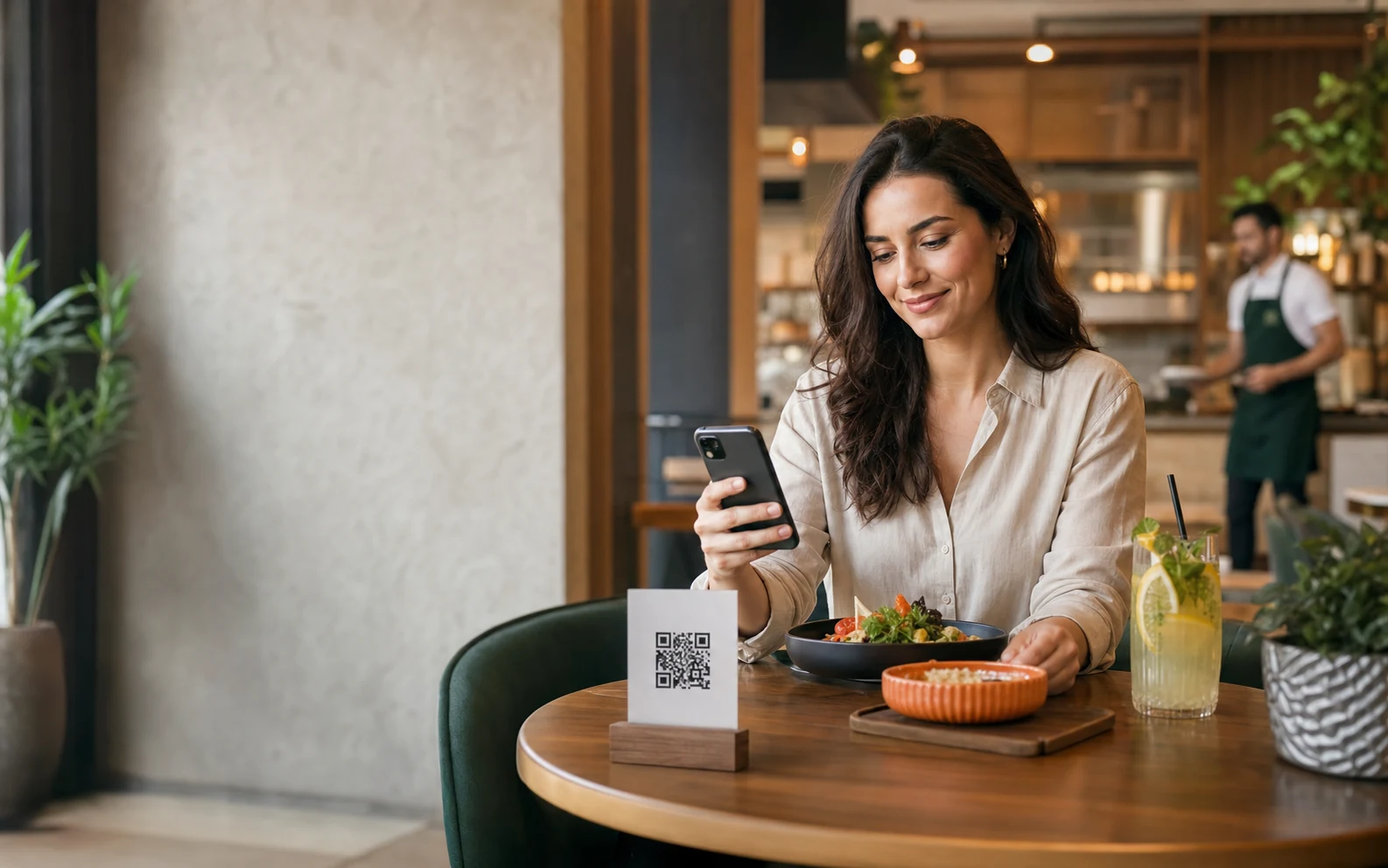 Modern kafede QR kodu telefonuyla okutarak masadan sipariş veren kadın müşteri